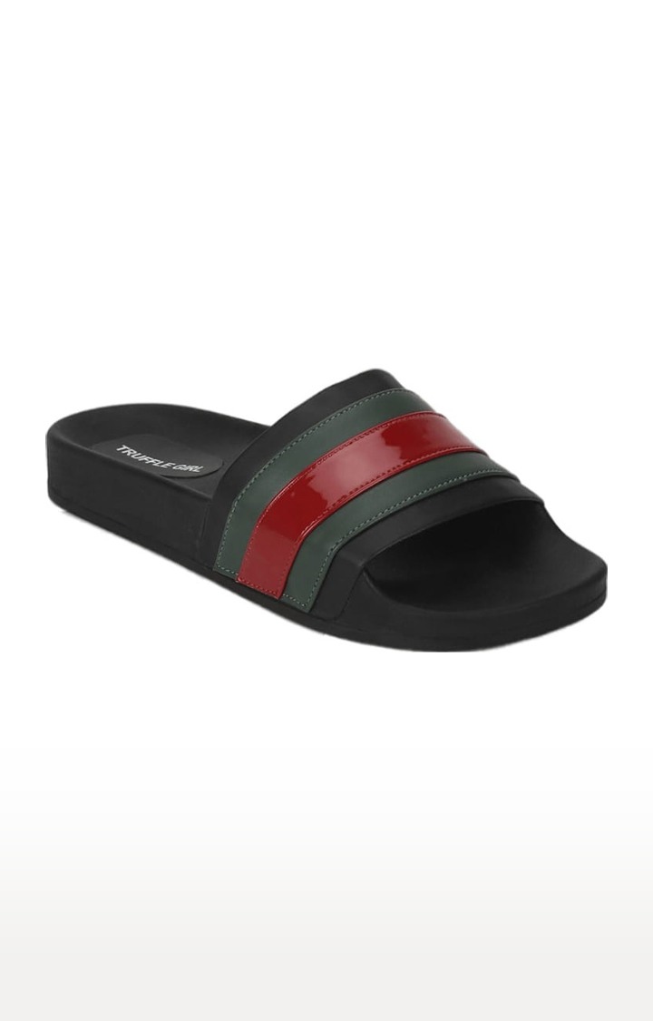 Women's Black PU Striped Slip On Flip Flops