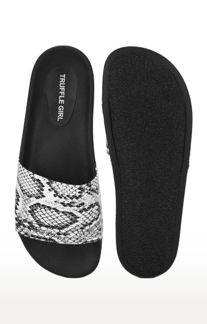 Women's Black PU Printed Slip On Flip Flops