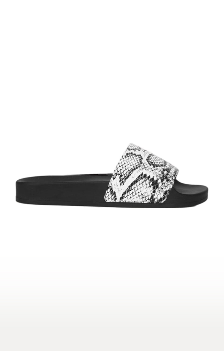 Women's Black PU Printed Slip On Flip Flops