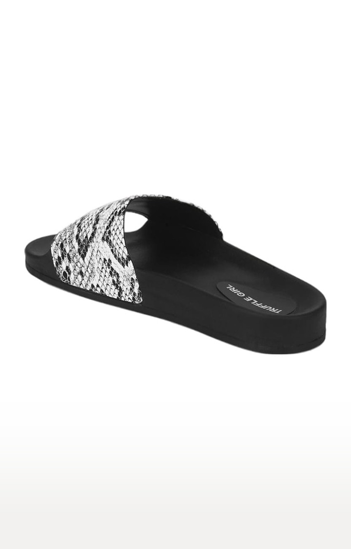 Women's Black PU Printed Slip On Flip Flops