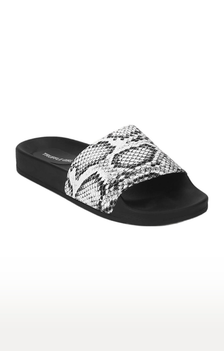 Women's Black PU Printed Slip On Flip Flops