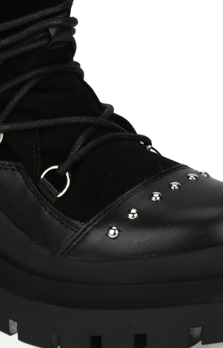 Women's Black PU Solid Lace-Up Boot
