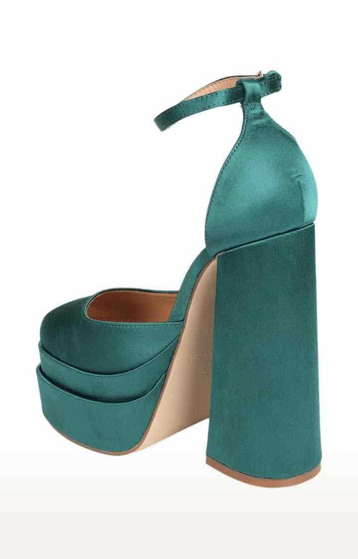 Women's Green Satin Solid Buckle Block Heels