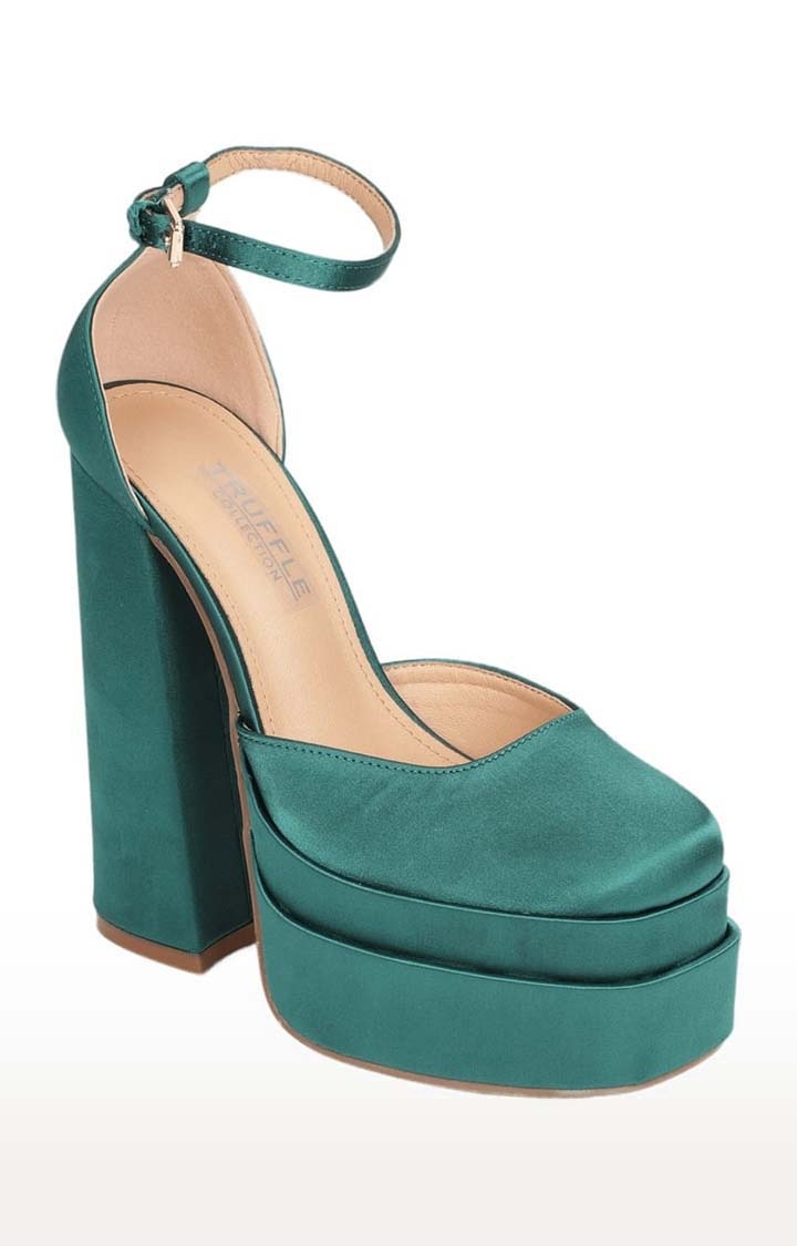 Truffle Collection | Women's Green Satin Solid Buckle Block Heels