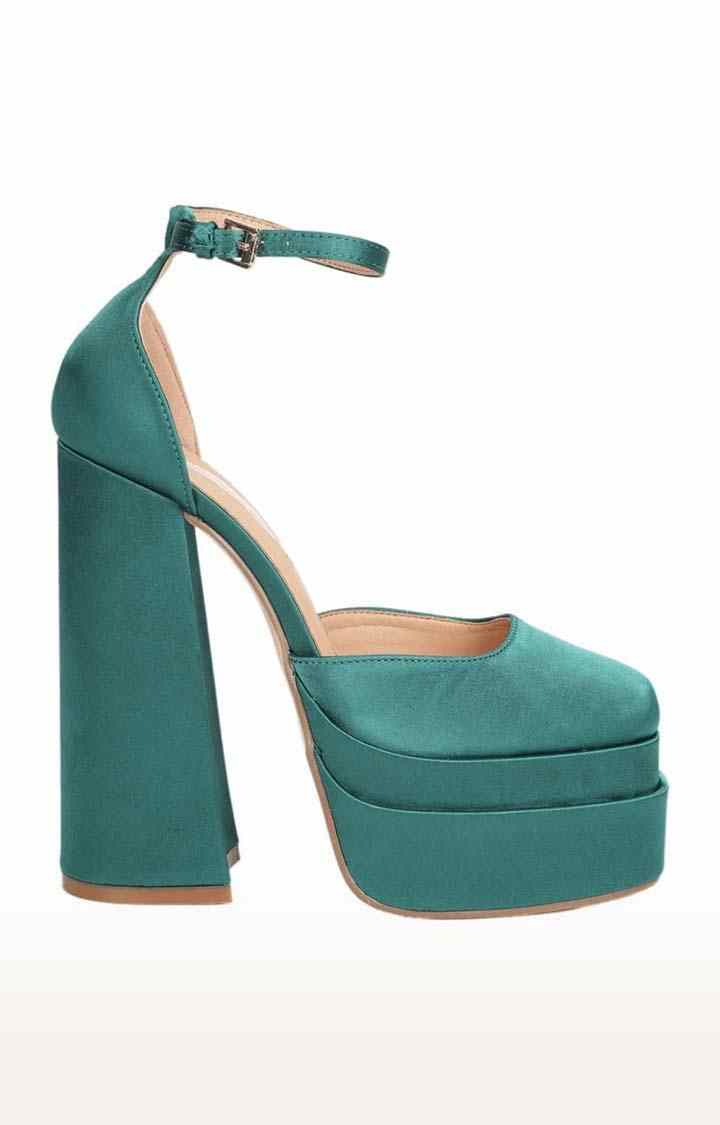 Women's Green Satin Solid Buckle Block Heels