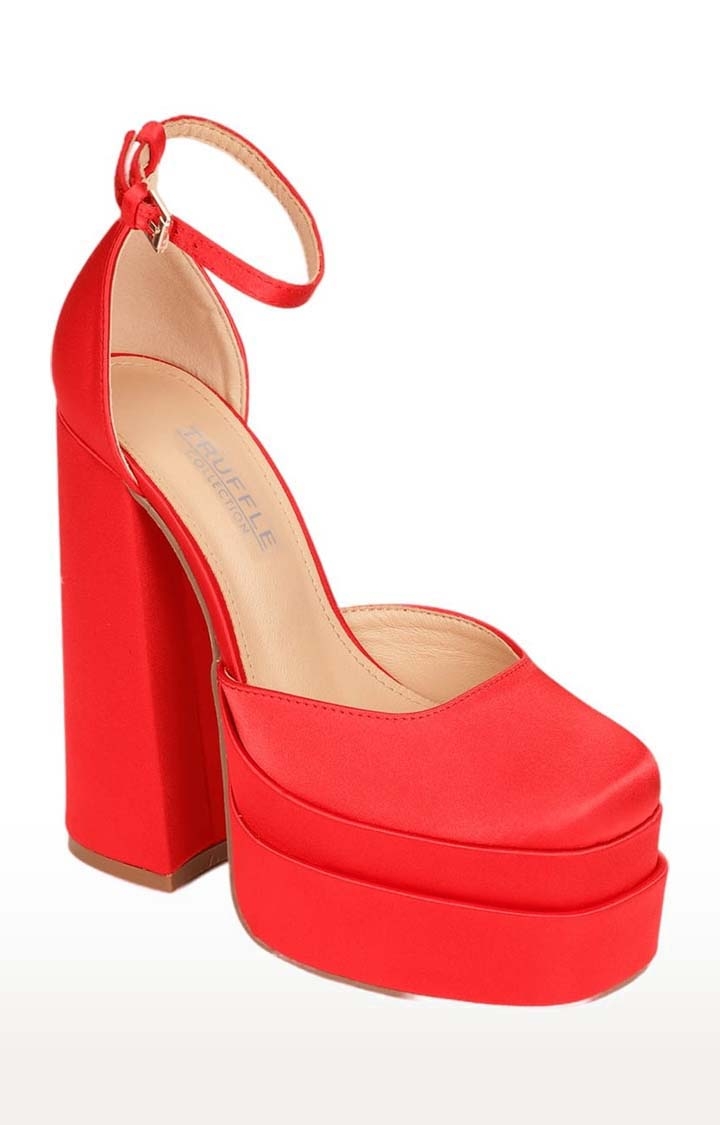 Truffle Collection | Women's Red Satin Solid Buckle Block Heels