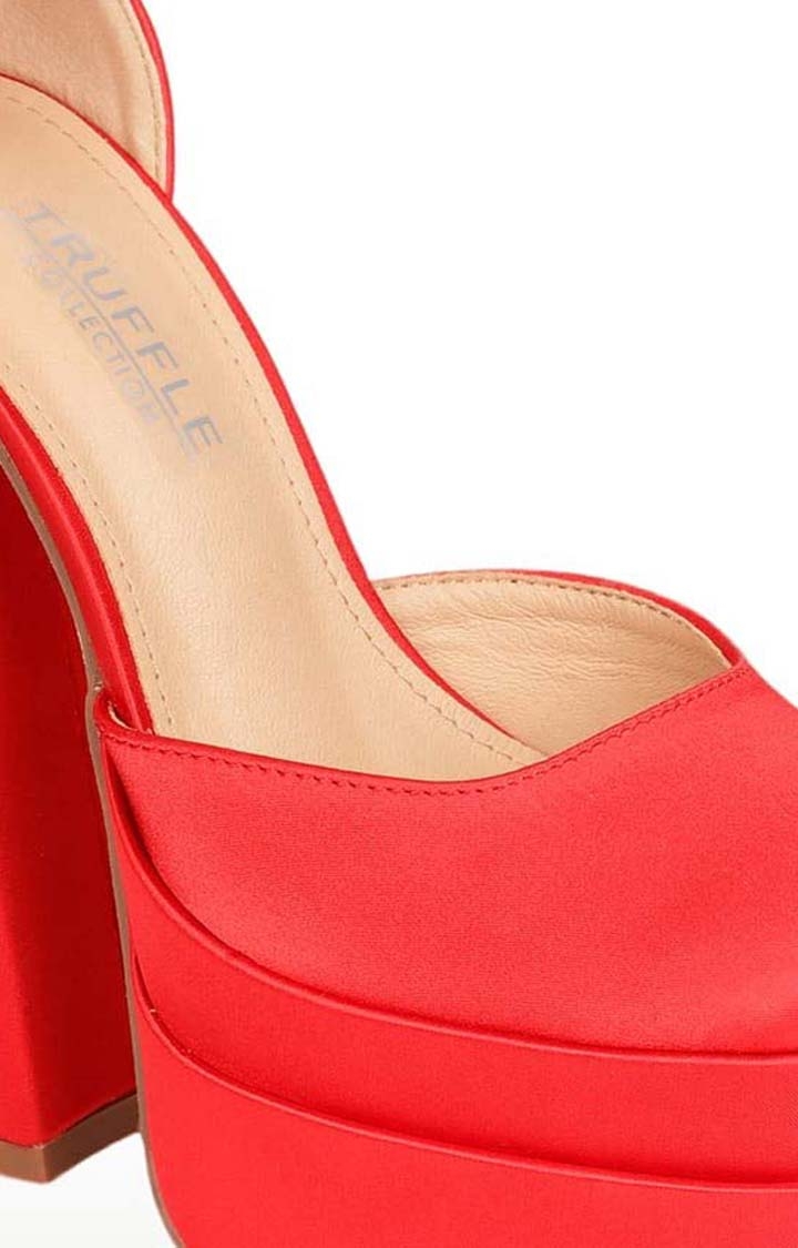 Women's Red Satin Solid Buckle Block Heels