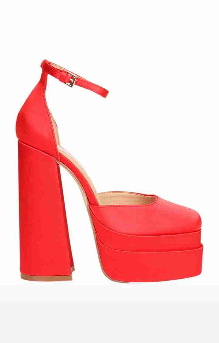 Women's Red Satin Solid Buckle Block Heels