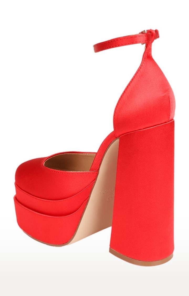 Women's Red Satin Solid Buckle Block Heels
