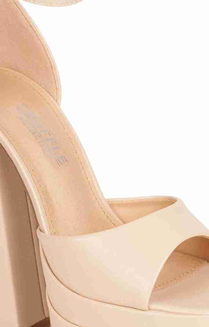 Women's Beige PU Solid Buckle Block Heels