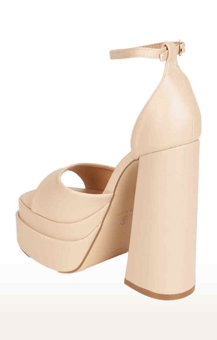 Women's Beige PU Solid Buckle Block Heels