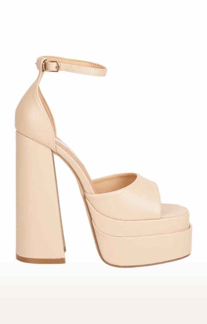 Women's Beige PU Solid Buckle Block Heels