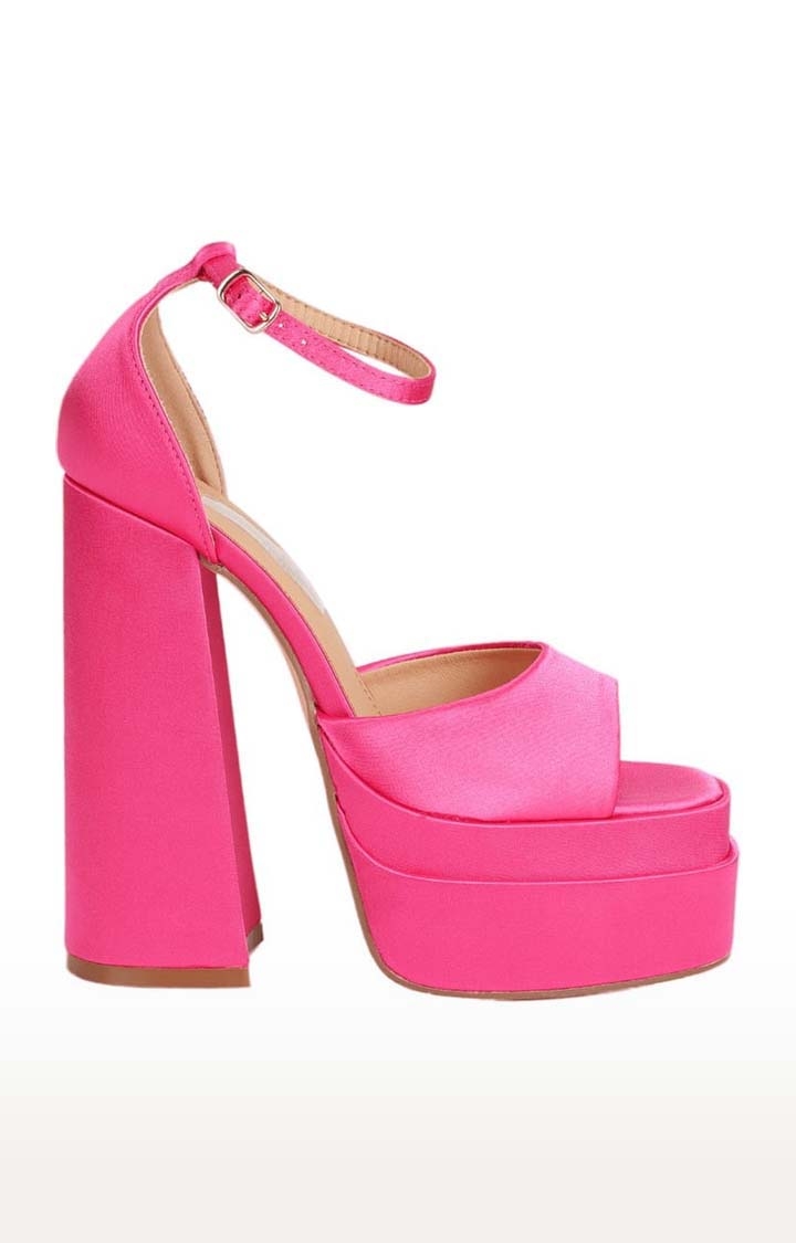 Truffle Collection | Women's Pink Satin Solid Buckle Block Heels 1
