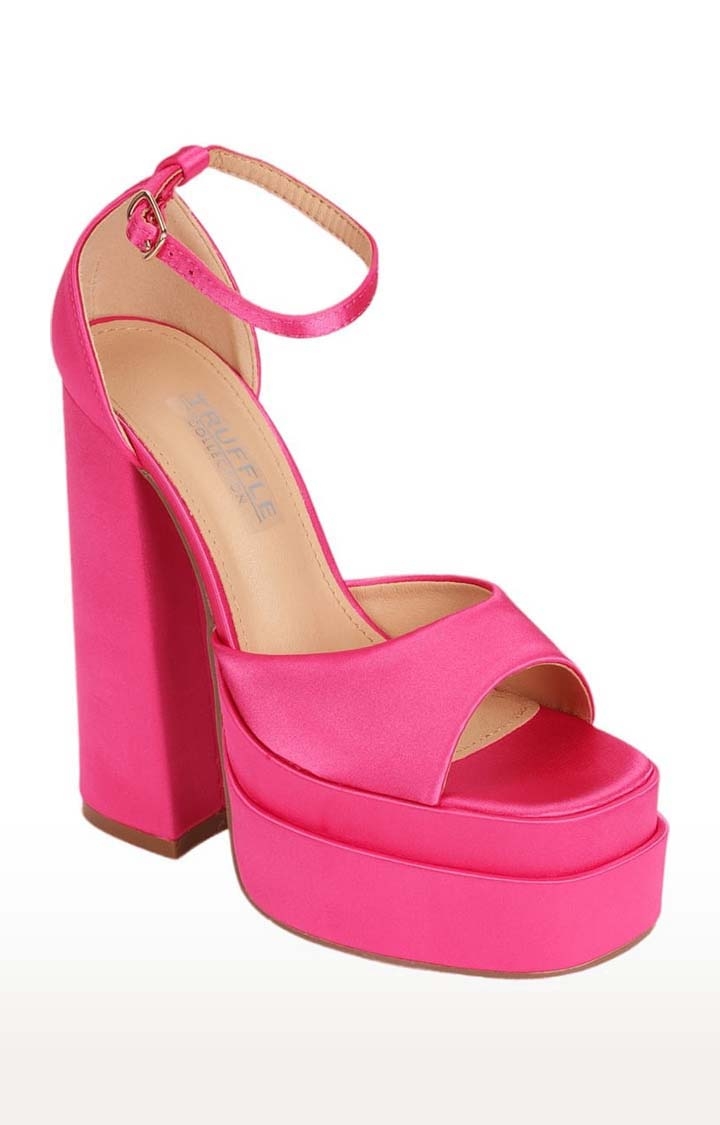 Truffle Collection | Women's Pink Satin Solid Buckle Block Heels