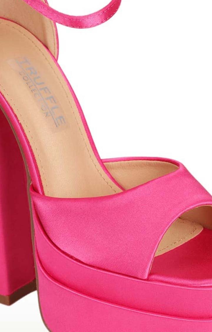 Truffle Collection | Women's Pink Satin Solid Buckle Block Heels 4