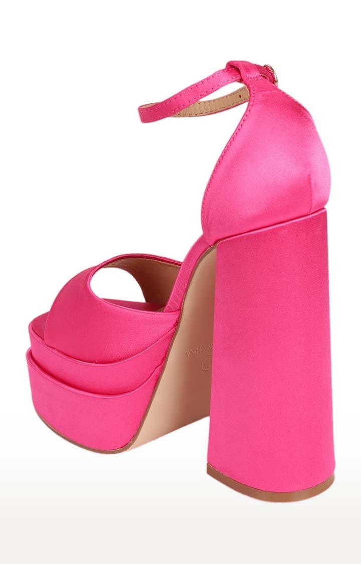 Truffle Collection | Women's Pink Satin Solid Buckle Block Heels 2