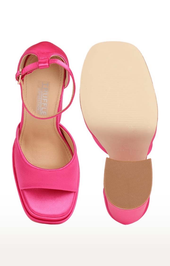 Truffle Collection | Women's Pink Satin Solid Buckle Block Heels 3