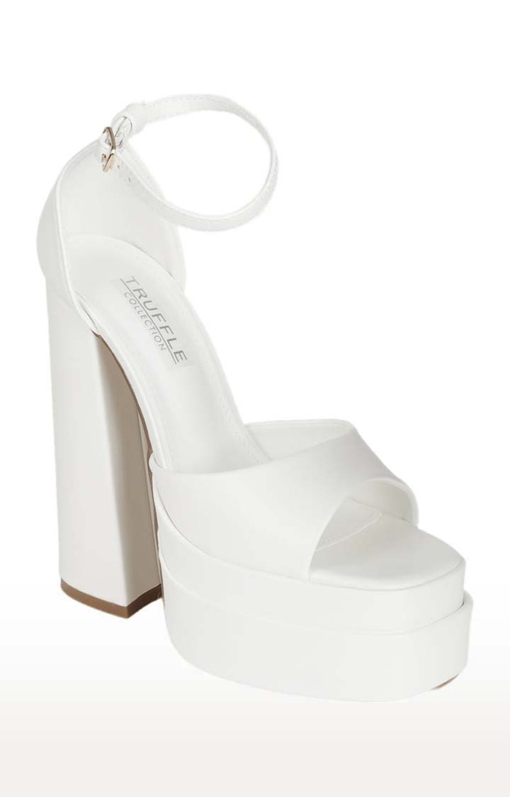 Truffle Collection | Women's White PU Solid Buckle Block Heels