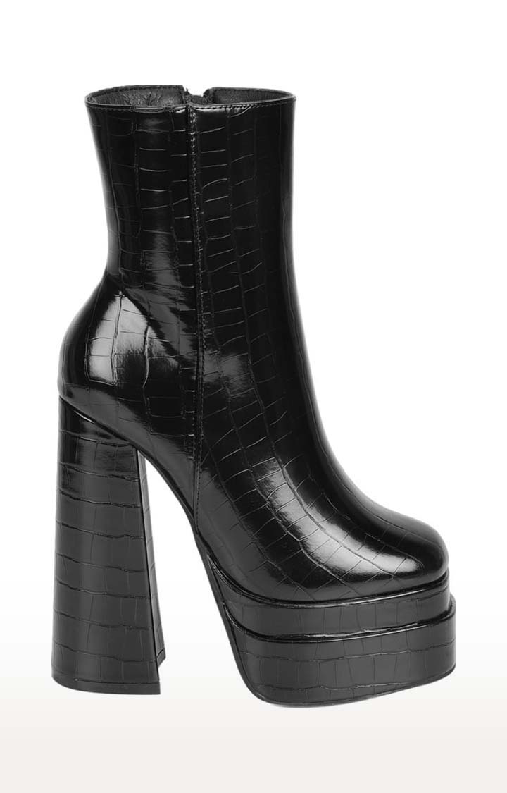 Truffle Collection | Women's Black PU Textured Zip Boot 1