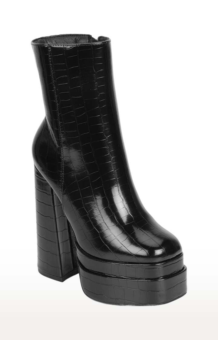 Women's Black PU Textured Zip Boot