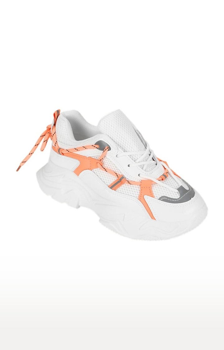 Women's White PU Colourblock Lace-Up Sneakers