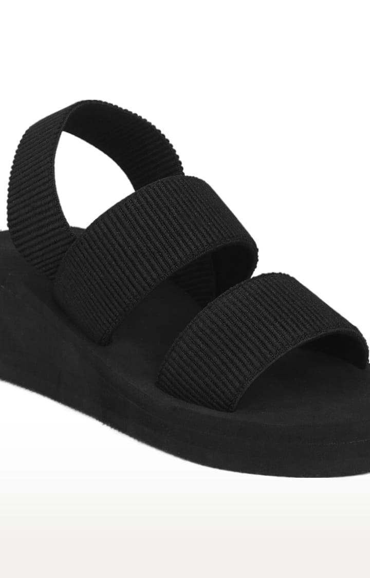 Truffle Collection | Women's Black PU Solid Backstrap Wedges 4