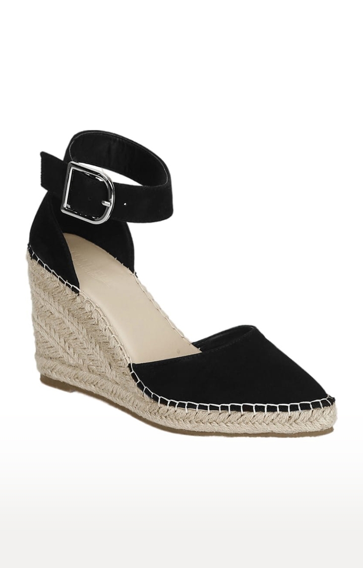 Truffle Collection | Women's Black Synthetic Solid Buckle Wedges 0