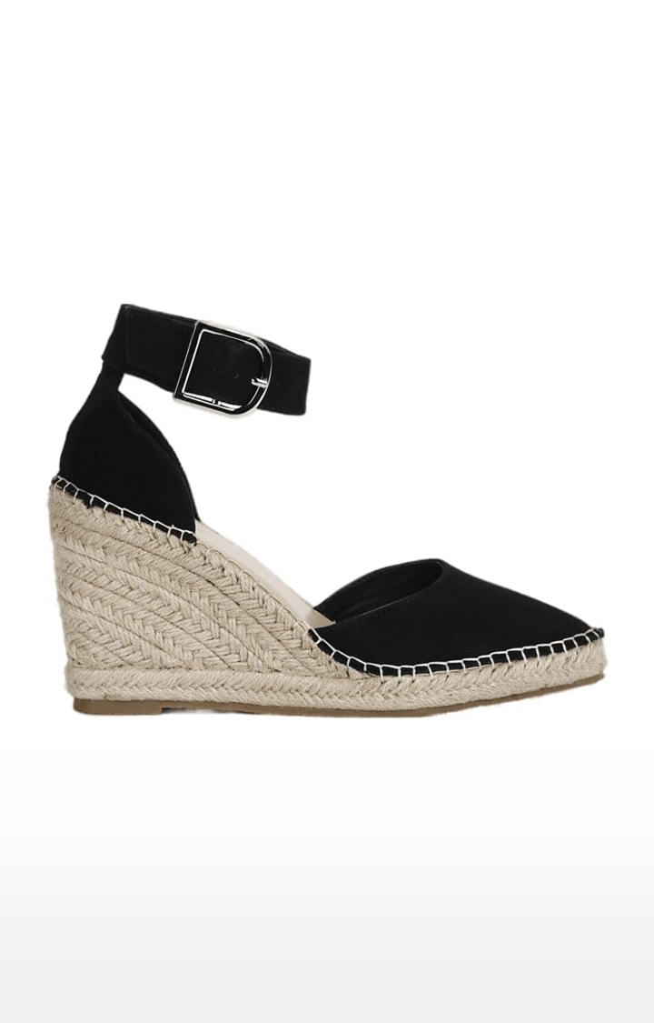 Truffle Collection | Women's Black Synthetic Solid Buckle Wedges 1