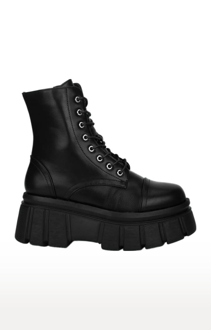 Truffle Collection | Women's Black PU Solid Lace-Up Boot 1