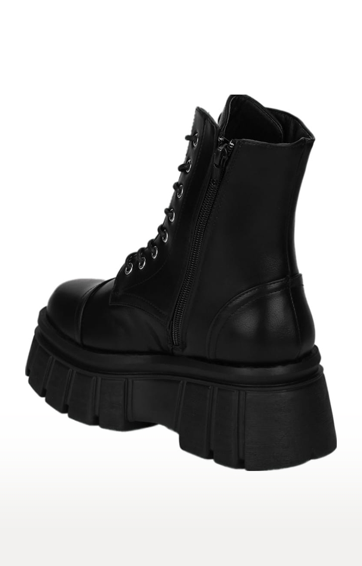 Truffle Collection | Women's Black PU Solid Lace-Up Boot 2
