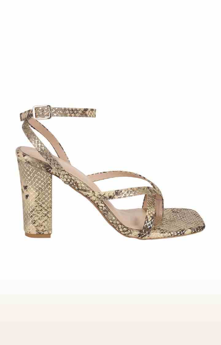 Women's Brown PU Printed Buckle Block Heels