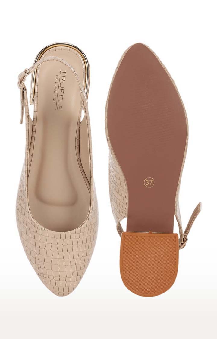 Women's Beige Synthetic Leather Textured Buckle Ballerinas