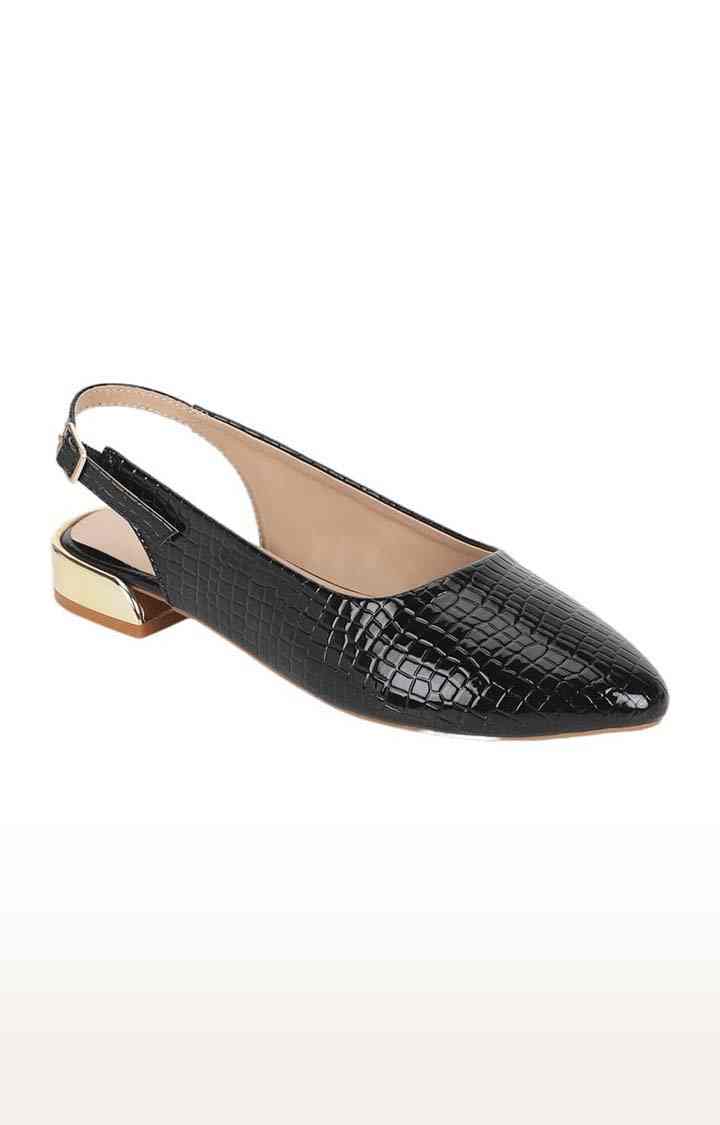 Women's Black Synthetic Leather Textured Buckle Ballerinas