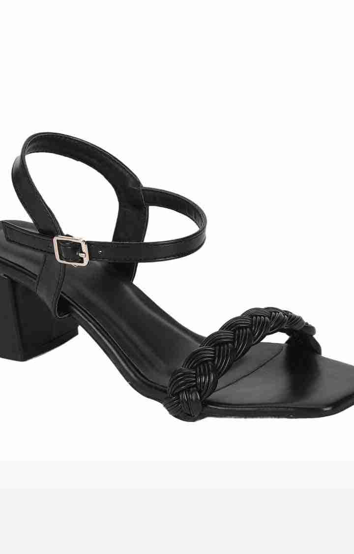 Women's Black PU Quilted Buckle Block Heels