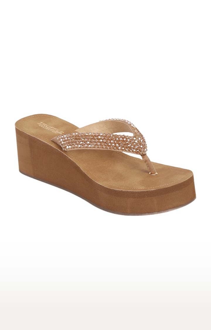 Truffle Collection | Women's Beige PU Solid Slip On Wedges 0