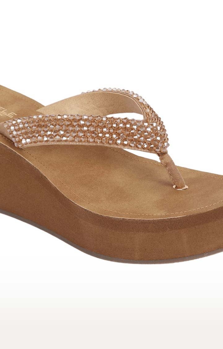 Truffle Collection | Women's Beige PU Solid Slip On Wedges 5