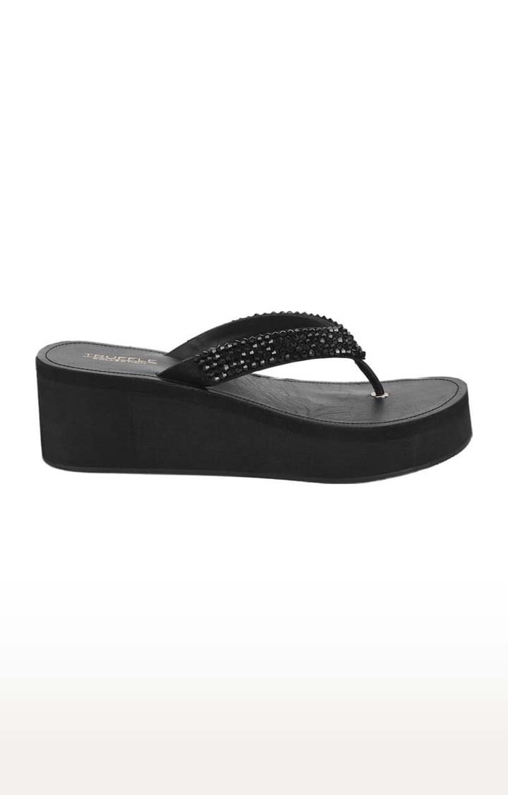 Truffle Collection | Women's Black PU Solid Slip On Wedges 1