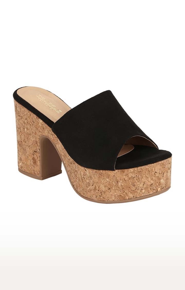 Truffle Collection | Women's Black Suede Solid Slip On Block Heels 0