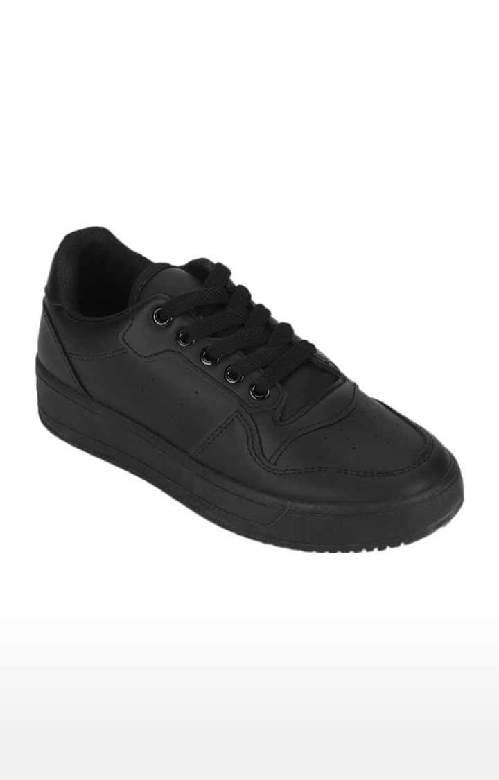 Truffle Collection | Women's Black PU Solid Lace-Up Sneakers 0