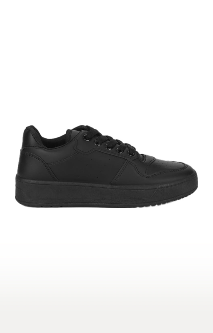 Truffle Collection | Women's Black PU Solid Lace-Up Sneakers 1