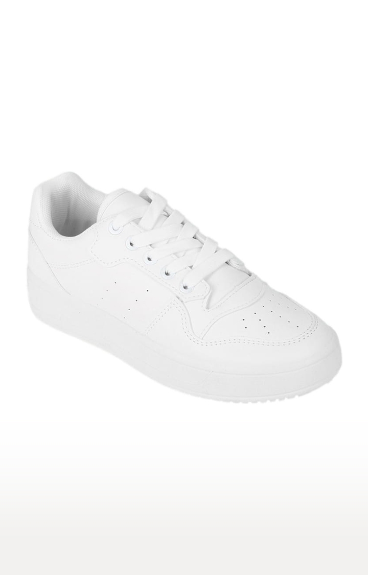 Women's White PU Solid Lace-Up Sneakers