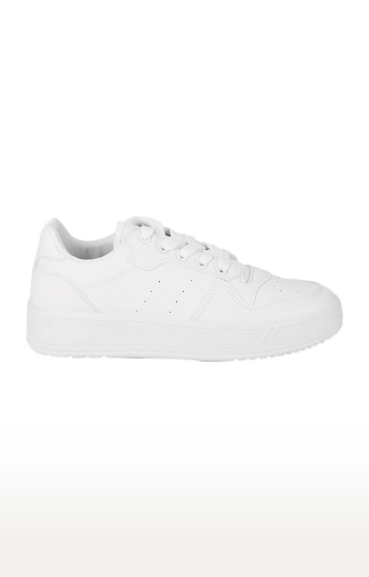 Truffle Collection | Women's White PU Solid Lace-Up Sneakers 1