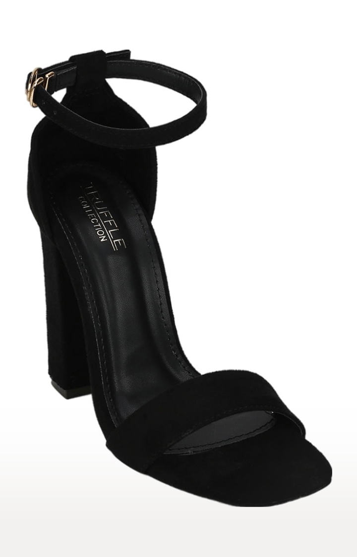Truffle Collection | Women's Black Suede Solid Buckle Block Heels