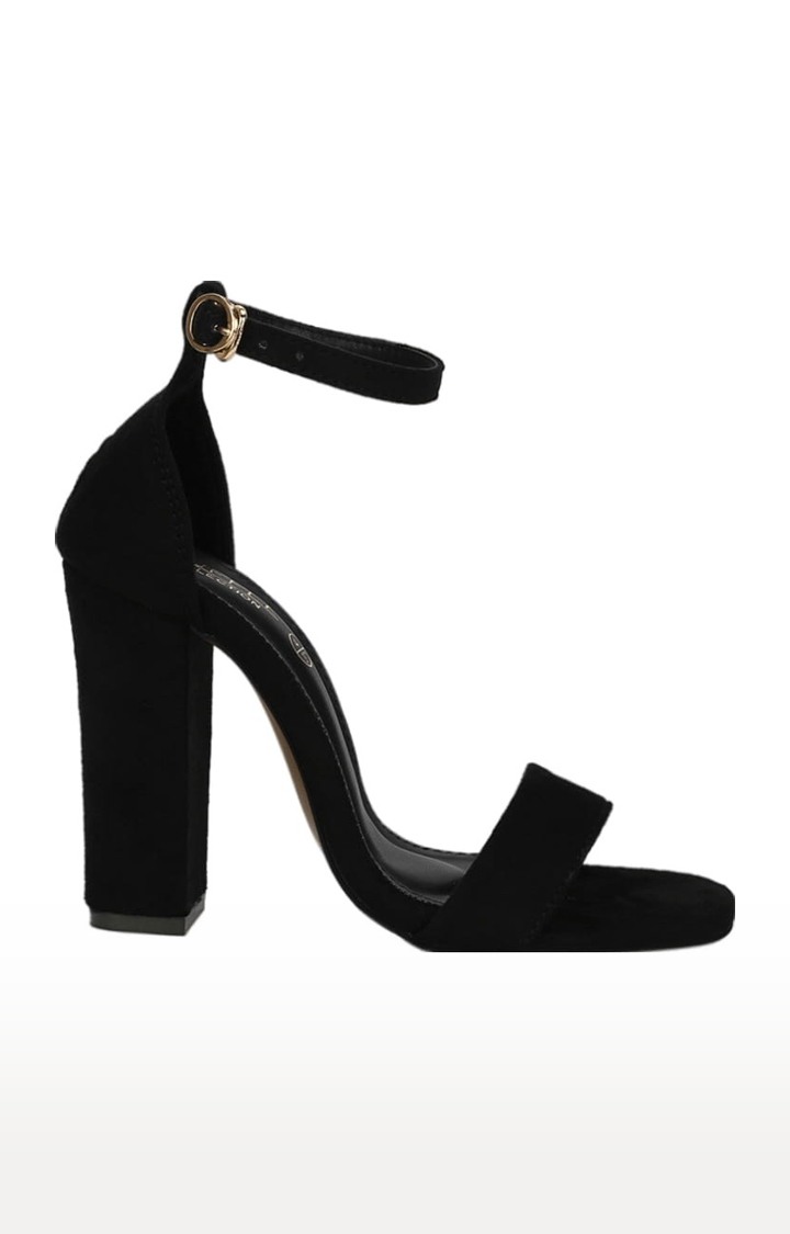 Women's Black Suede Solid Buckle Block Heels