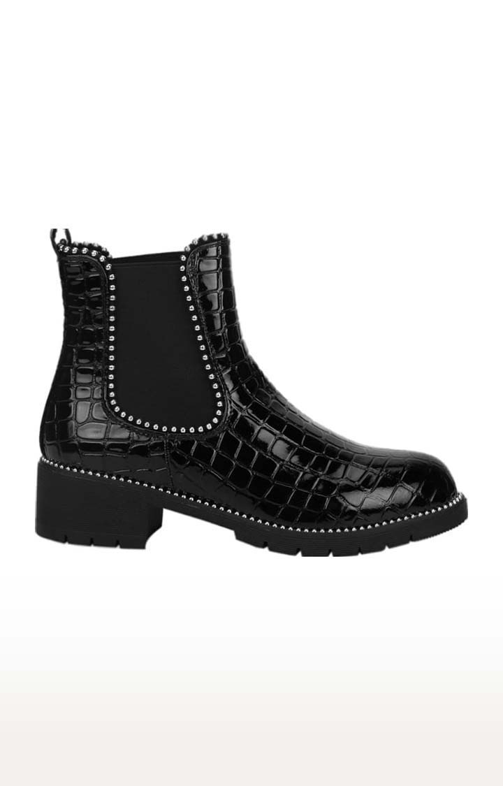 Truffle Collection | Women's Black Synthetic Textured Slip On Boot 1