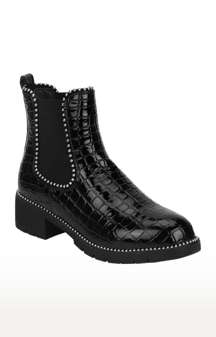 Truffle Collection | Women's Black Synthetic Textured Slip On Boot 0