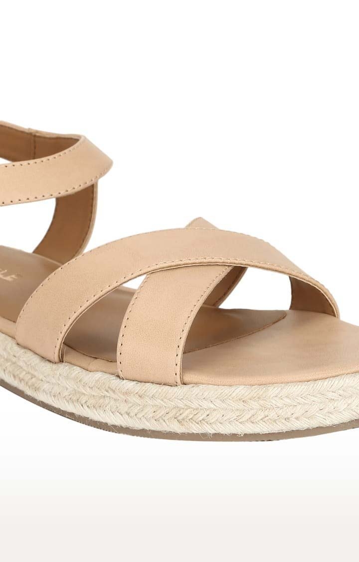Truffle Collection | Women's Beige PU Solid Buckle Sandals 4
