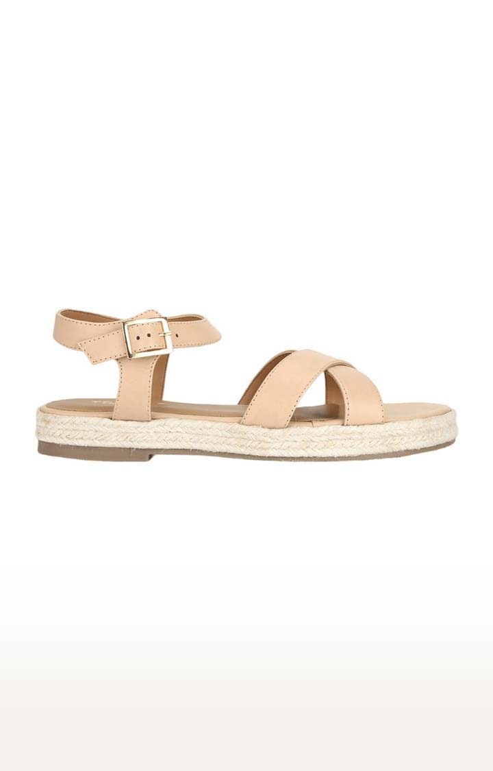 Truffle Collection | Women's Beige PU Solid Buckle Sandals 1
