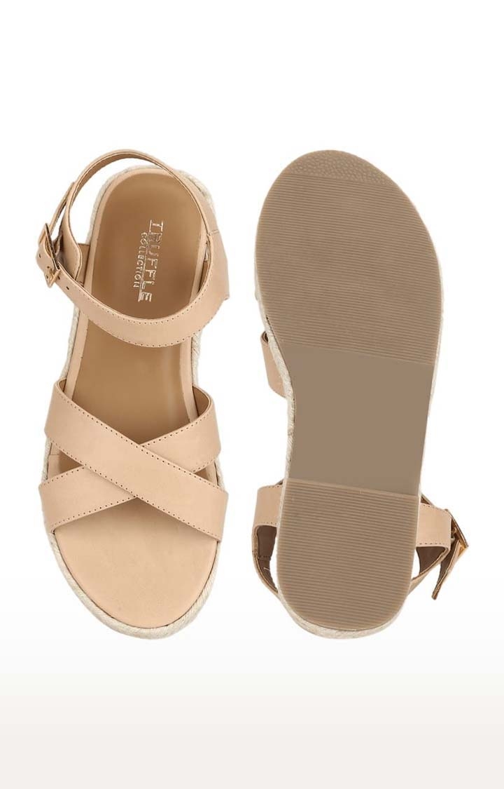 Truffle Collection | Women's Beige PU Solid Buckle Sandals 3