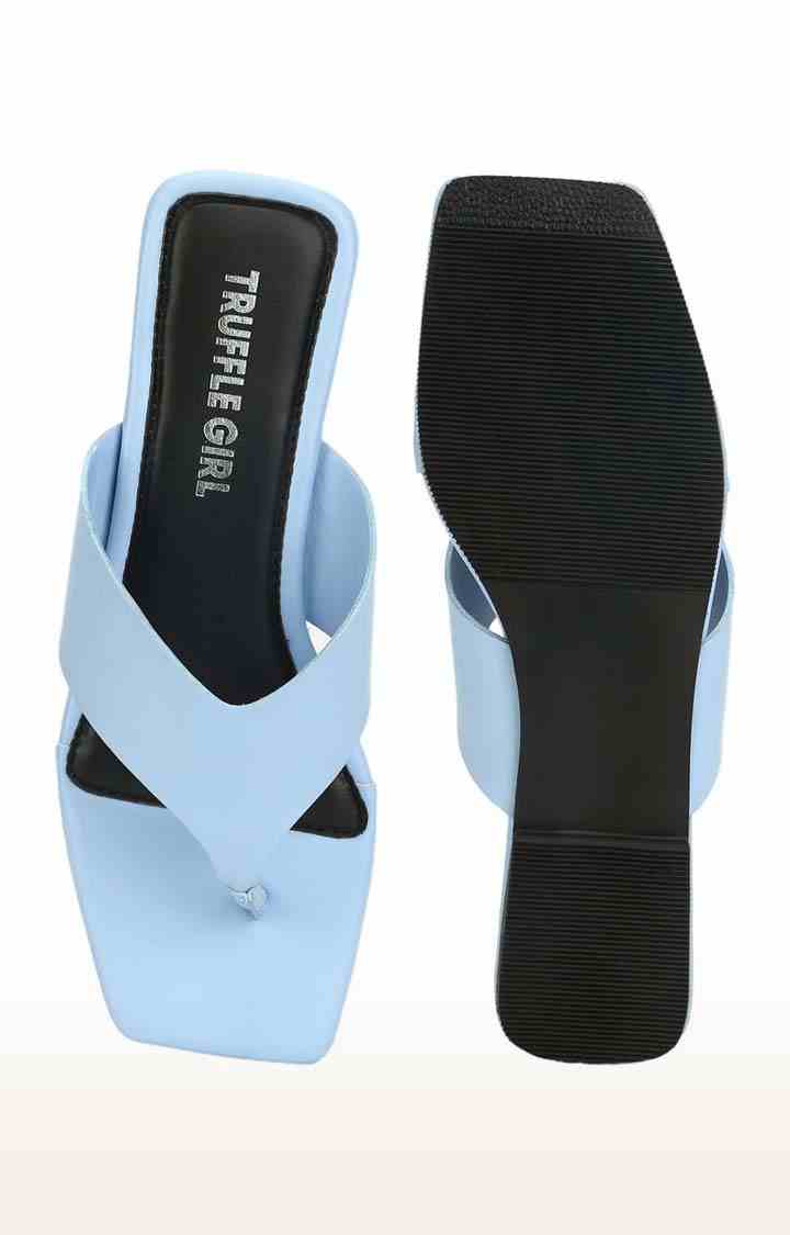 Truffle Collection | Women's Blue PU Solid Flat Slip-ons 3